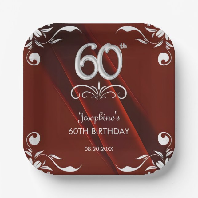Chic Silver Floral Frame Burgundy 60th Birthday Paper Plate (Front)