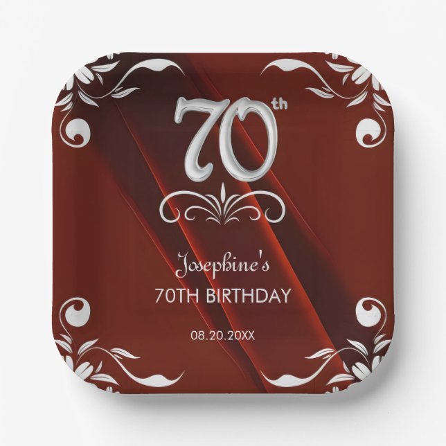Chic Silver Floral Frame Burgundy 70th Birthday Paper Plate (Front)