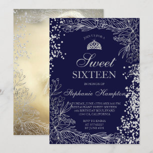 Chic silver floral navy blue Tiara chic Sweet 16 Invitation