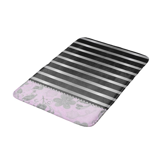 Chic Silver Floral on Pink and Silver Stripes  Bath Mat (Angled)