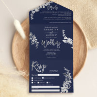 Chic silver floral typography navy blue wedding