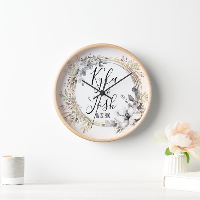 Chic Silver Floral Wreath Wedding Personalised Clock (Home)