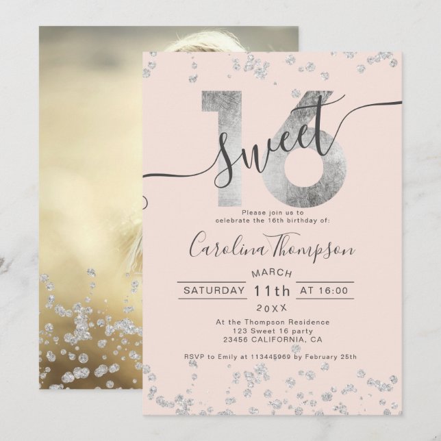Chic silver foil confetti blush Sweet 16 photo Invitation (Front/Back)
