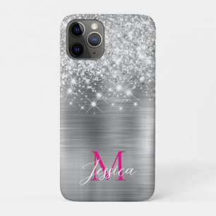 Chic Silver Foil Faux Glitter Hot Pink Monogram iPhone 11 Pro Case