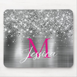 Chic Silver Foil Faux Glitter Hot Pink Monogram Mouse Mat