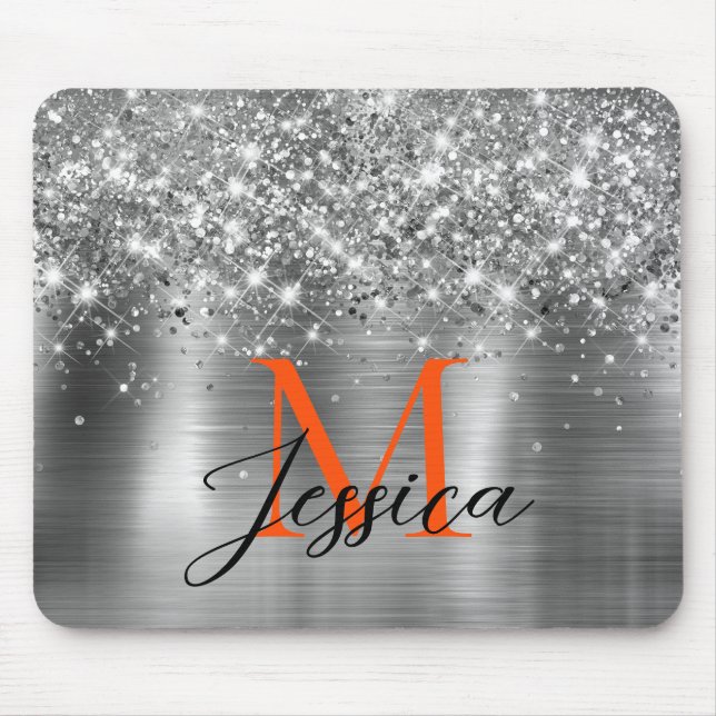 Chic Silver Foil Faux Glitter Orange Monogram Mouse Mat (Front)