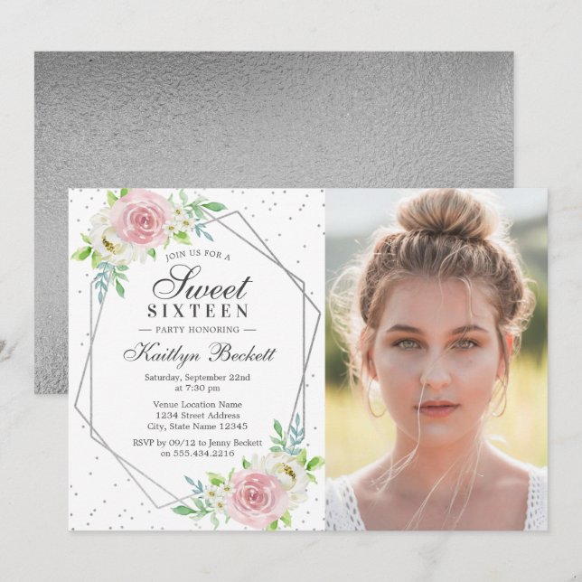 Chic Silver Foil Floral Photo Sweet 16 Birthday Invitation (Front/Back)