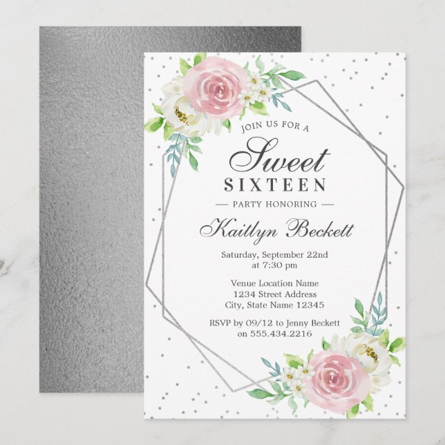 Chic Silver Foil Floral Sweet 16 Birthday Invitation (Front/Back)