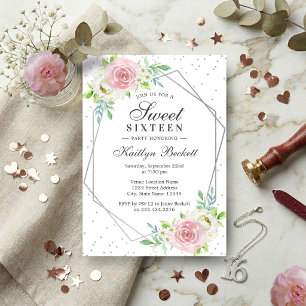 Chic Silver Foil Floral Sweet 16 Birthday Invitation