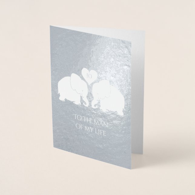 Chic Silver Foil Heart Elephants 10th Anniversary Card (Front)