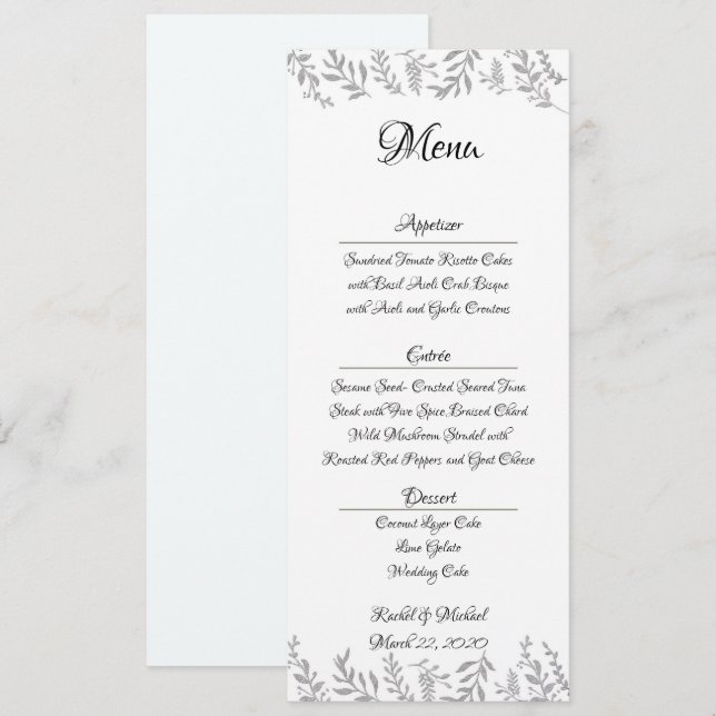 Chic Silver Foil Leaves Reception Menu Card (Front/Back)
