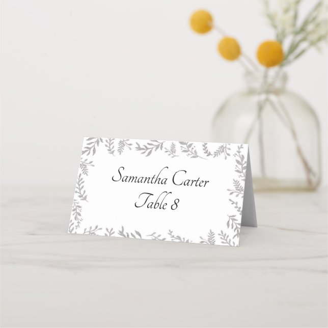 Chic Silver Foil Leaves Reception Place Card (Front)