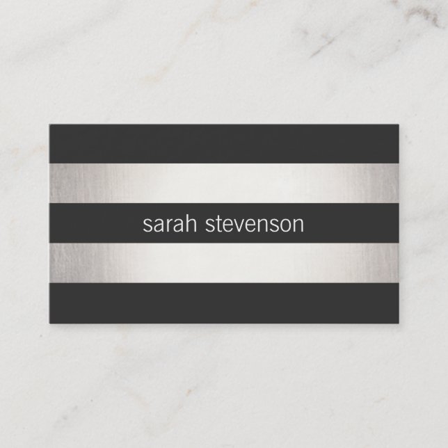 Chic Silver Foil Look Black Striped Modern Business Card (Front)