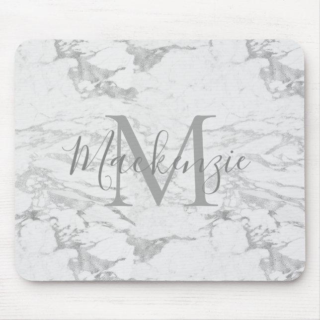 Chic Silver Foil Marble Monogram Mouse Mat (Front)