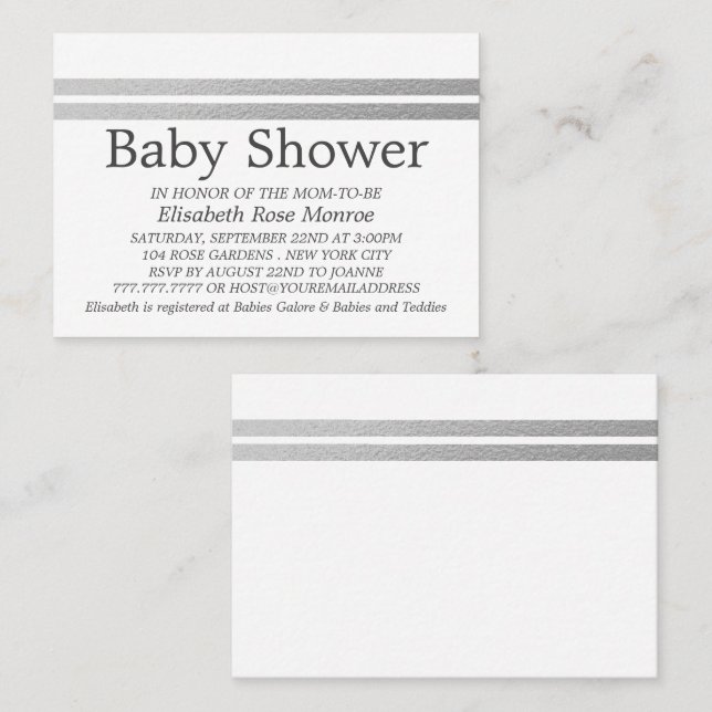 Chic Silver Foil Stripes, White Baby Shower Ticket (Front/Back)