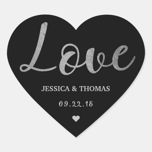 Chic Silver Foil Typography Script Love Wedding Heart Sticker (Front)