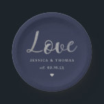 Chic Silver Foil Typography Script Love Wedding Paper Plate<br><div class="desc">Celebrate in style with these modern and very trendy wedding paper plates. This design is easy to personalise with your special event wording and your guests will be thrilled when they see these fabulous plates.</div>