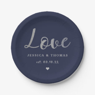 Chic Silver Foil Typography Script Love Wedding Paper Plate