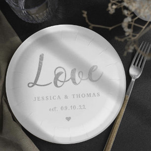 Chic Silver Foil Typography Script Love Wedding Paper Plate