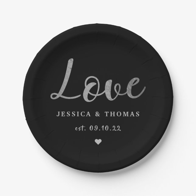 Chic Silver Foil Typography Script Love Wedding Paper Plate (Front)