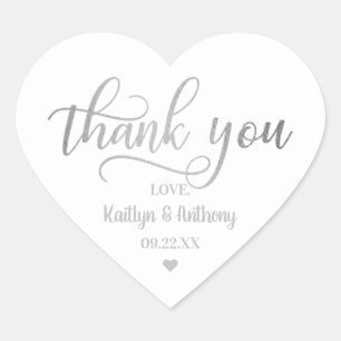 Chic Silver Foil Wedding Thank You Heart Sticker