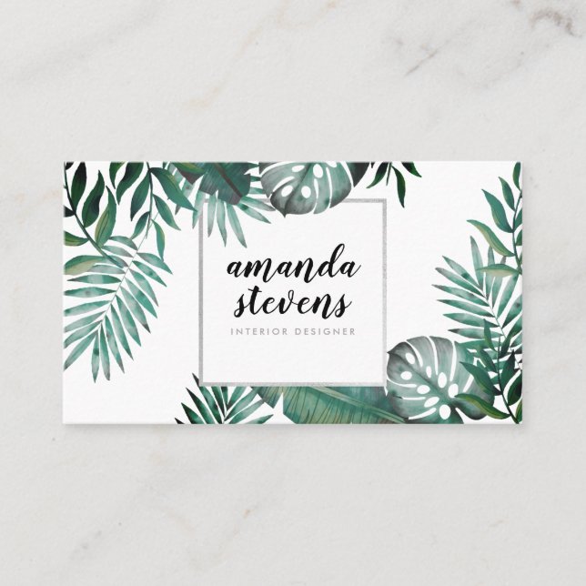 Chic silver foil white tropical green watercolor business card (Front)
