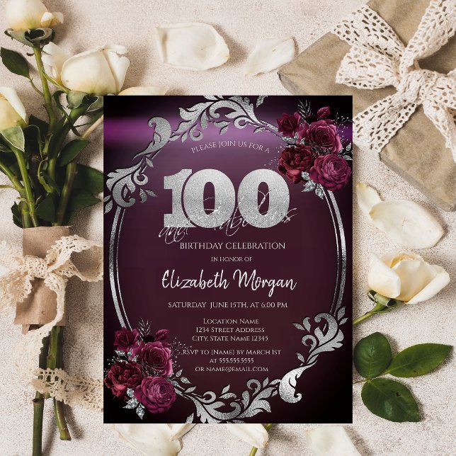 Chic Silver Frame Burgundy Roses 100th Birthday Invitation (Creator Uploaded)