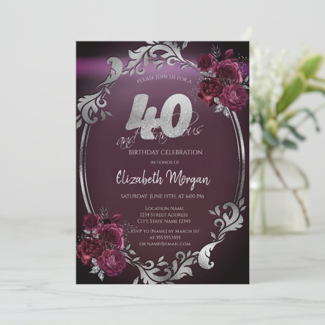 Chic Silver Frame Burgundy Roses 40th Birthday Invitation (Standing Front)