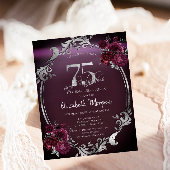Chic Silver Frame Burgundy Roses 75th Birthday Invitation (Creator Uploaded)
