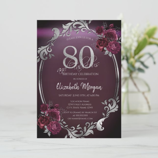 Chic Silver Frame Burgundy Roses 80th Birthday Invitation (Standing Front)