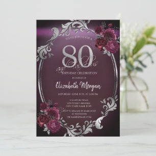 Chic Silver Frame Burgundy Roses 80th Birthday Invitation