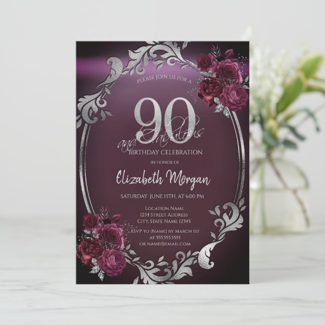 Chic Silver Frame Burgundy Roses 90th Birthday Invitation (Standing Front)