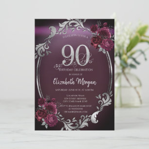 Chic Silver Frame Burgundy Roses 90th Birthday Invitation