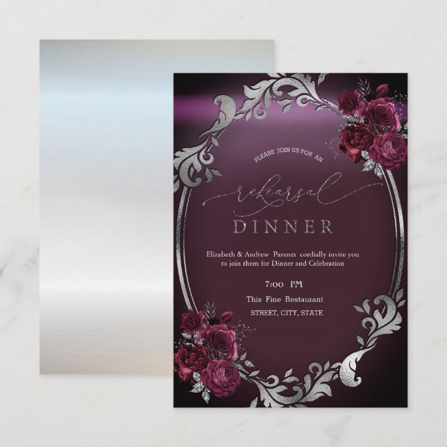 Chic Silver Frame Burgundy Roses Rehearsal Dinner Invitation (Front/Back)