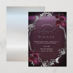 Chic Silver Frame Burgundy Roses Rehearsal Dinner Invitation