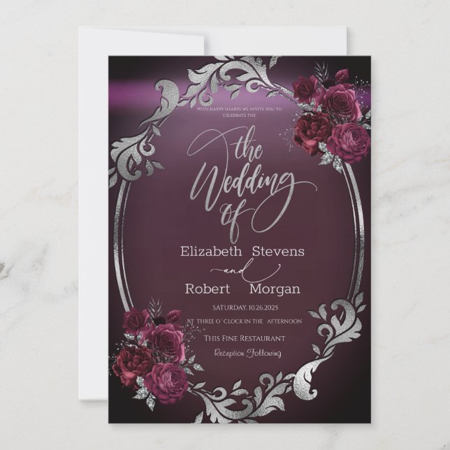 Chic Silver Frame Burgundy Roses Wedding  Invitation (Front)