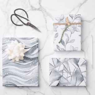 Chic Silver Glam Abstract and Floral Birthday Wrapping Paper Sheet