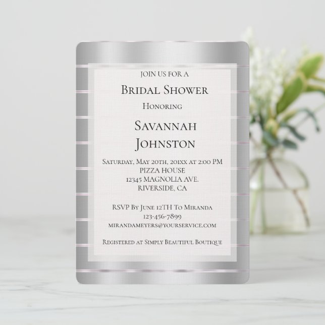 Chic Silver Glam Ribbon Bridal Shower Invitation (Standing Front)
