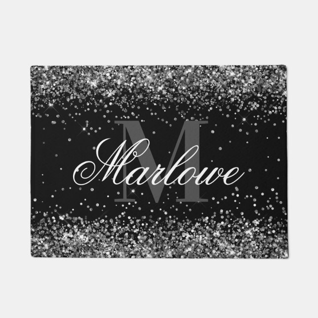 Chic Silver Glitter Black and White Monogram Doormat (Front)