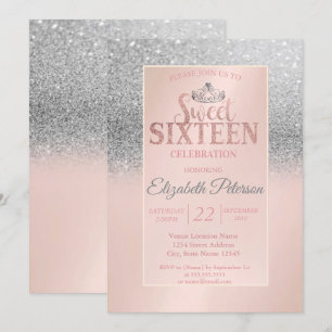 Chic Silver Glitter Bokeh,Tiara Sweet 16 Party Invitation
