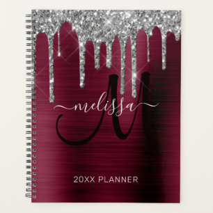 Chic Silver Glitter Burgundy Brushed Metal 2024 Planner