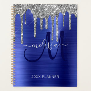 Chic Silver Glitter Cobalt Blue Brushed Metal 2021 Planner