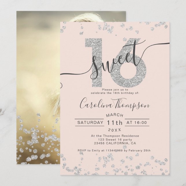 Chic silver glitter confetti blush Sweet 16 photo Invitation (Front/Back)