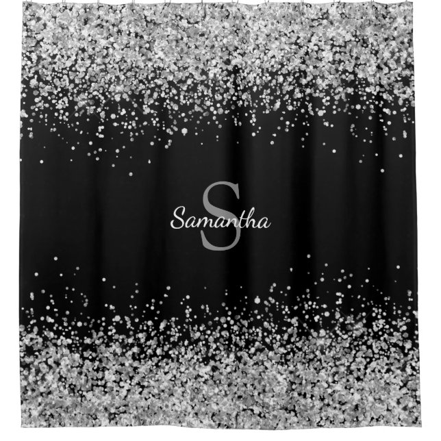 Chic Silver Glitter Confetti Monogram Black Shower Curtain (Front)