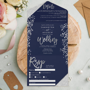 Chic silver glitter confetti navy blue wedding all in one invitation