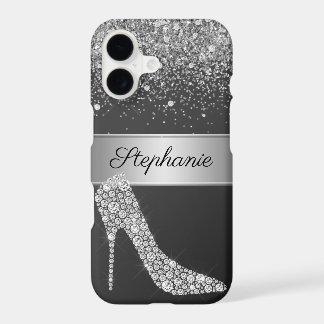 Chic Silver Glitter Diamond High Heel Shoe Name
