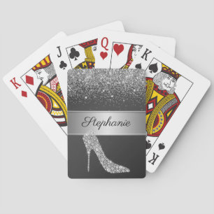 Chic Silver Glitter Diamond High Heel Shoe Name Playing Cards