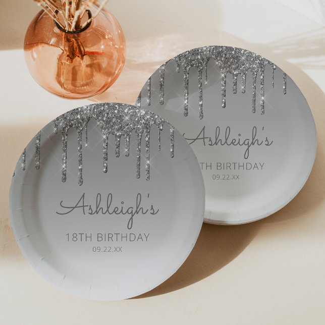 Chic Silver Glitter Drip 18th Birthday Party Paper Plate (Creator Uploaded)