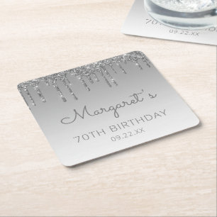 Chic Silver Glitter Drip 70th Birthday Party Square Paper Coaster