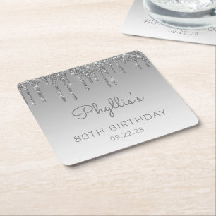 Chic Silver Glitter Drip 80th Birthday Party Square Paper Coaster
